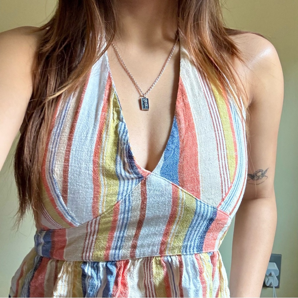 Hurley Stripe Smocked Linen Blend Halter Tank
